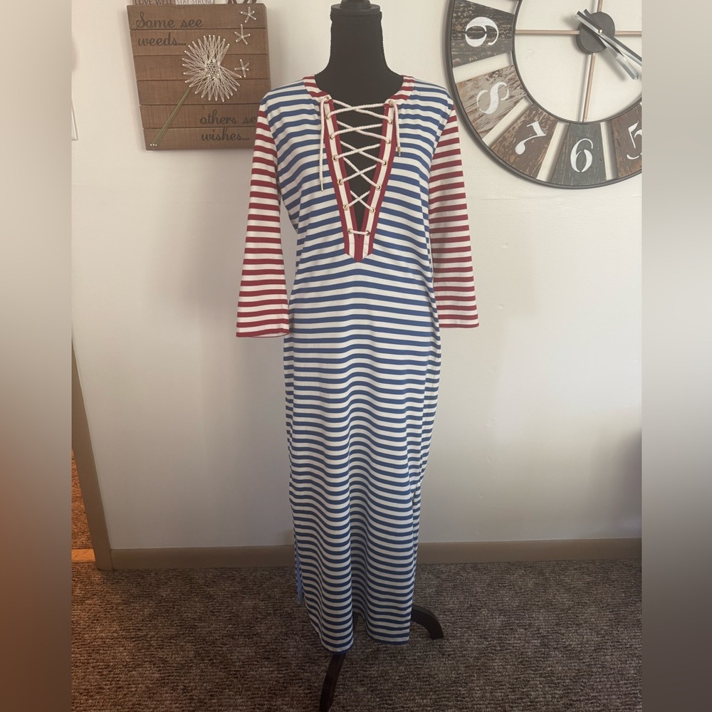 J Crew sz S Red white and blue lace up maxi dress with 3/4 length sleeves.